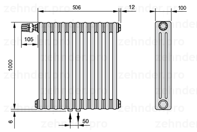 Схема (чертеж) Радиатор Zehnder Charleston 3100/11 №V007 Белый глянцевый RAL 9016